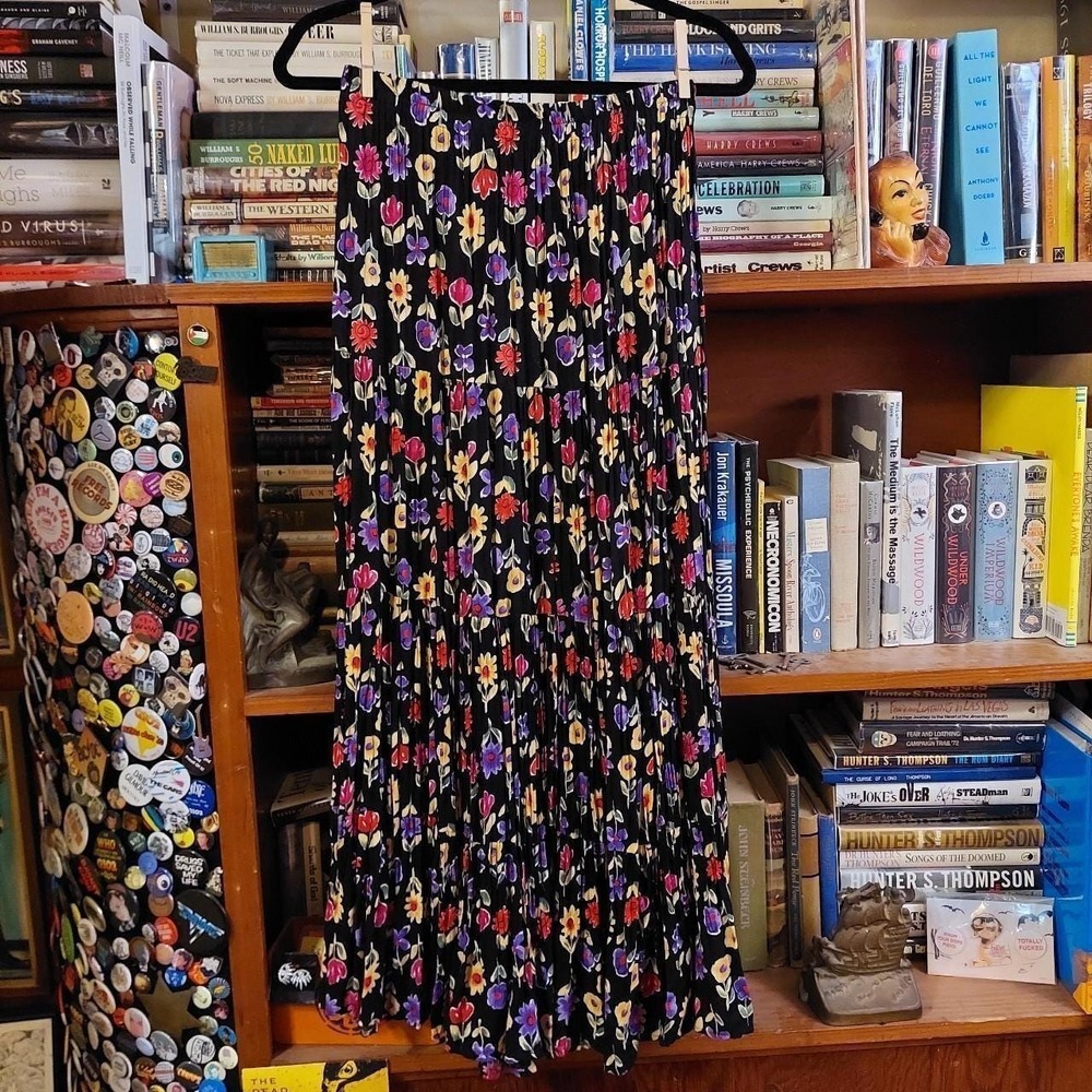 Vintage J‎ Suzette 90s Floral Maxi Skirt Black Pink Purple Made in USA Medium